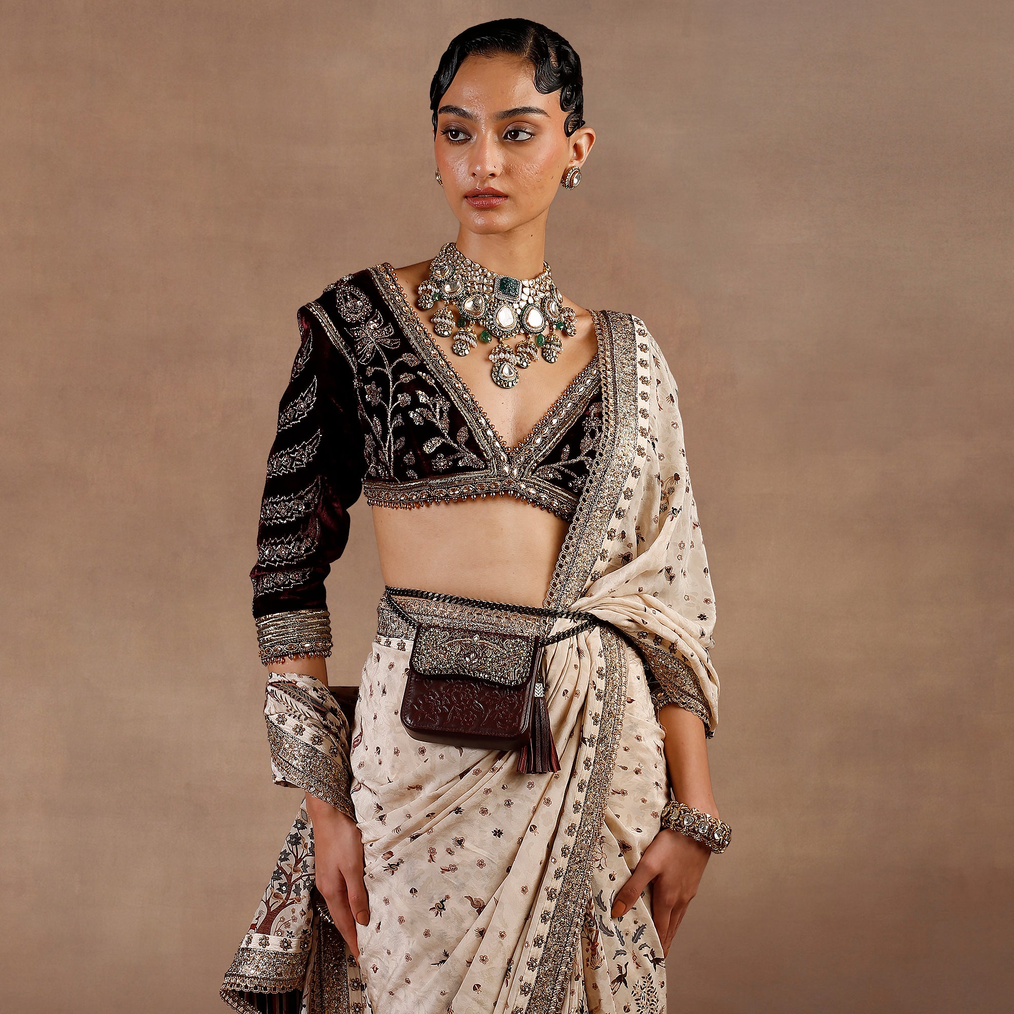 Almond Ivory - Burgundy Saree Set | EAST
