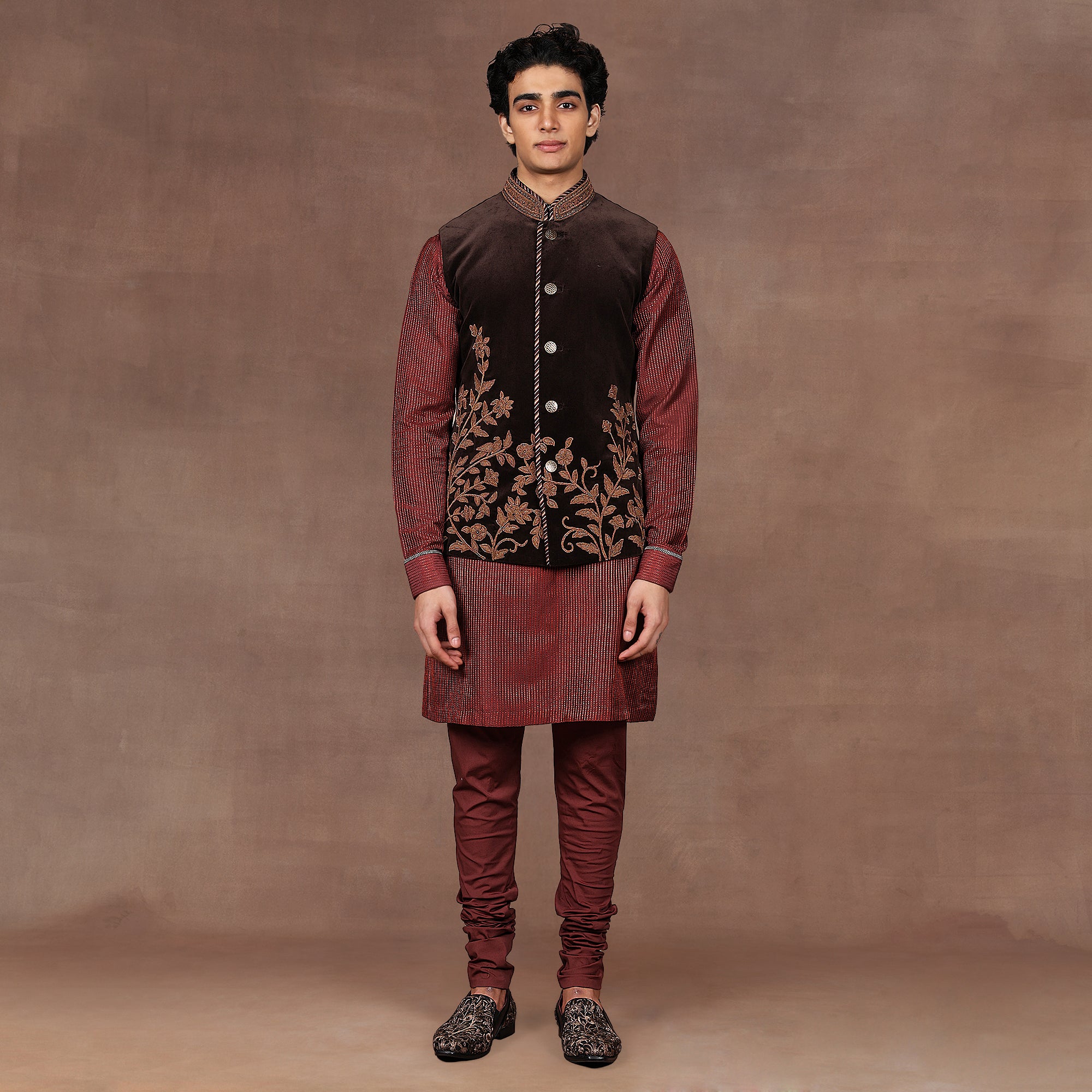 Mocha Brown - Red Nehru Jacket Set | EAST