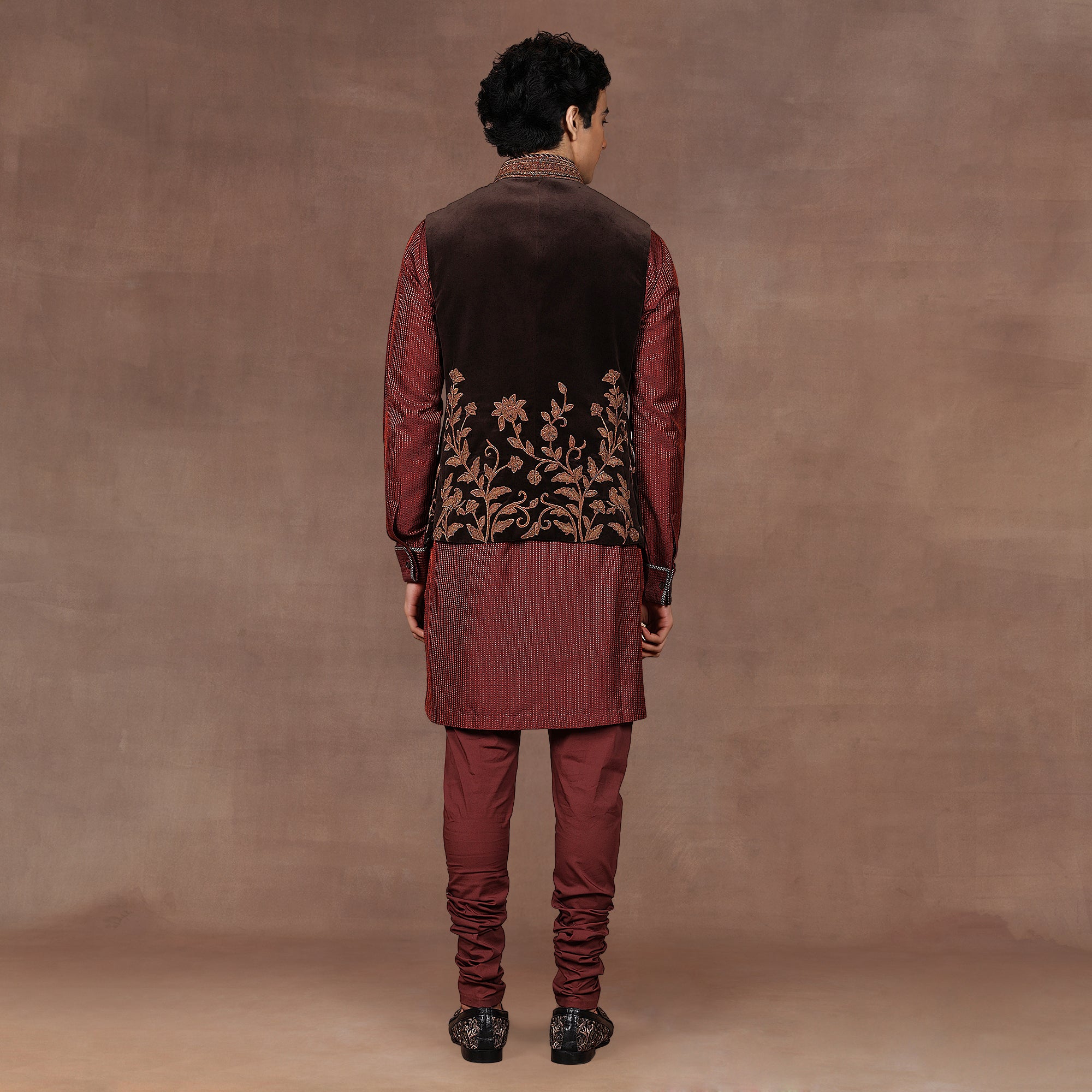 Mocha Brown - Red Nehru Jacket Set | EAST