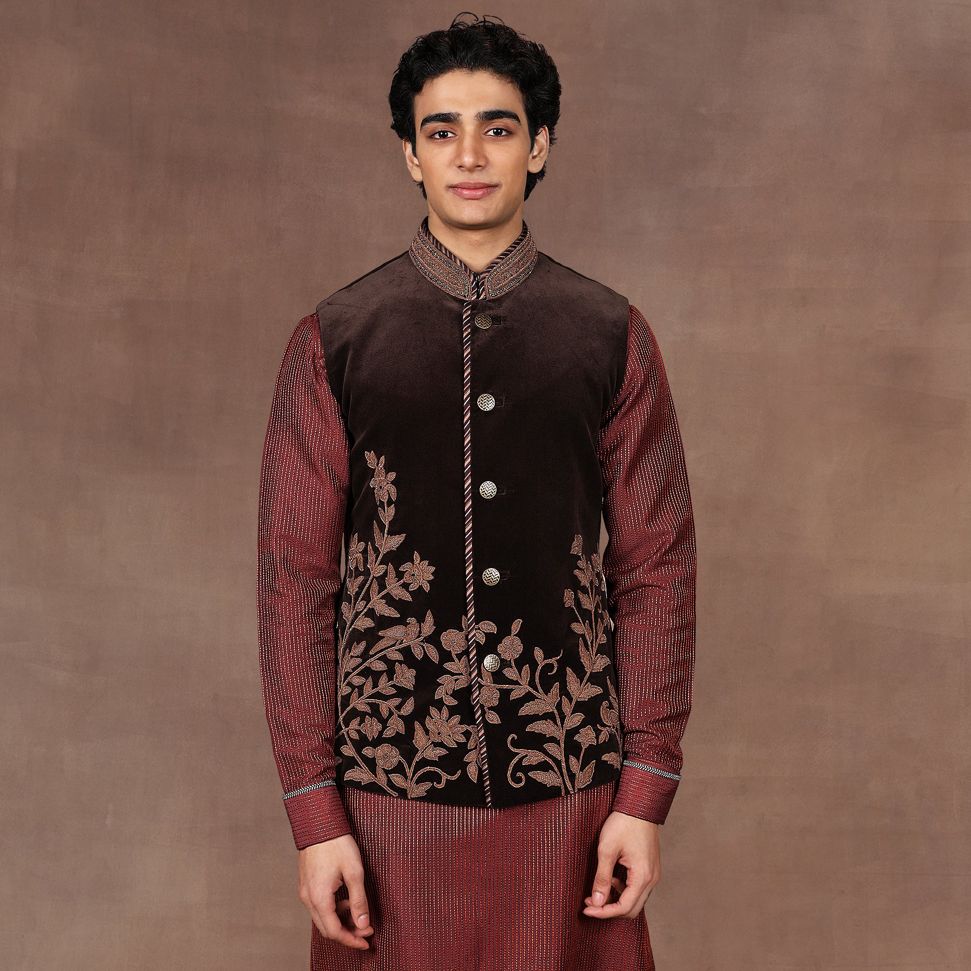 Mocha Brown - Red Nehru Jacket Set | EAST
