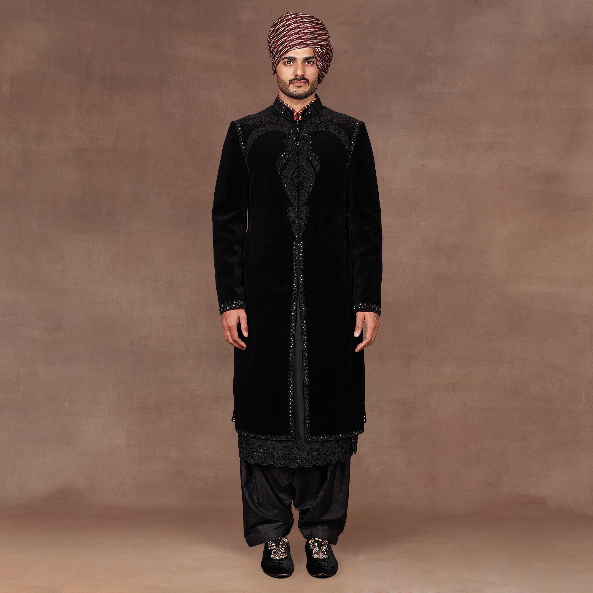 Noir Black Velvet Sherwani Set | EAST