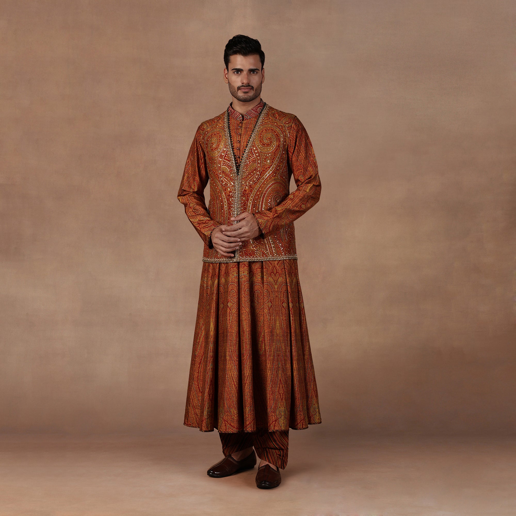 Ochre Jamawar Nehru Jacket Set | EAST