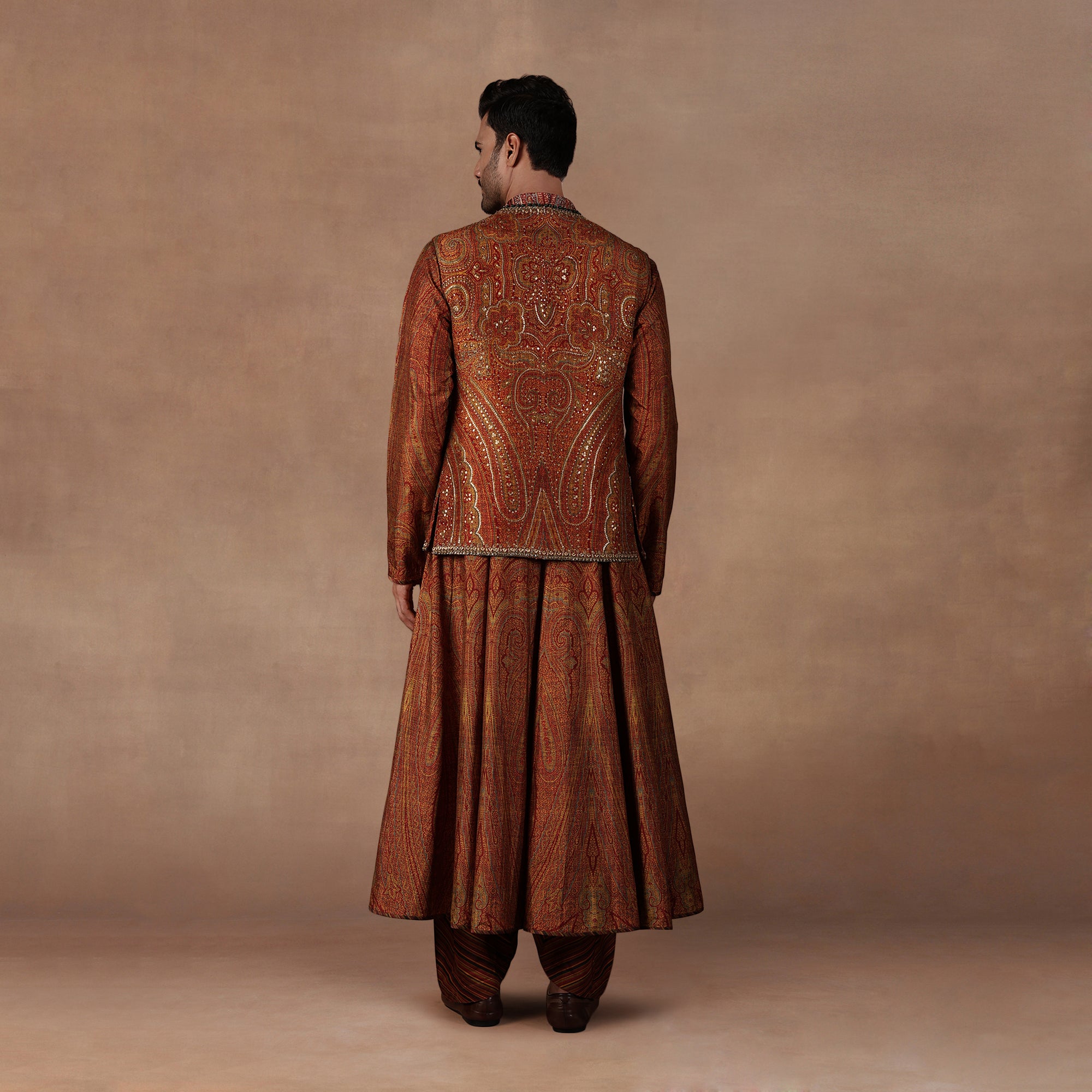 Ochre Jamawar Nehru Jacket Set | EAST