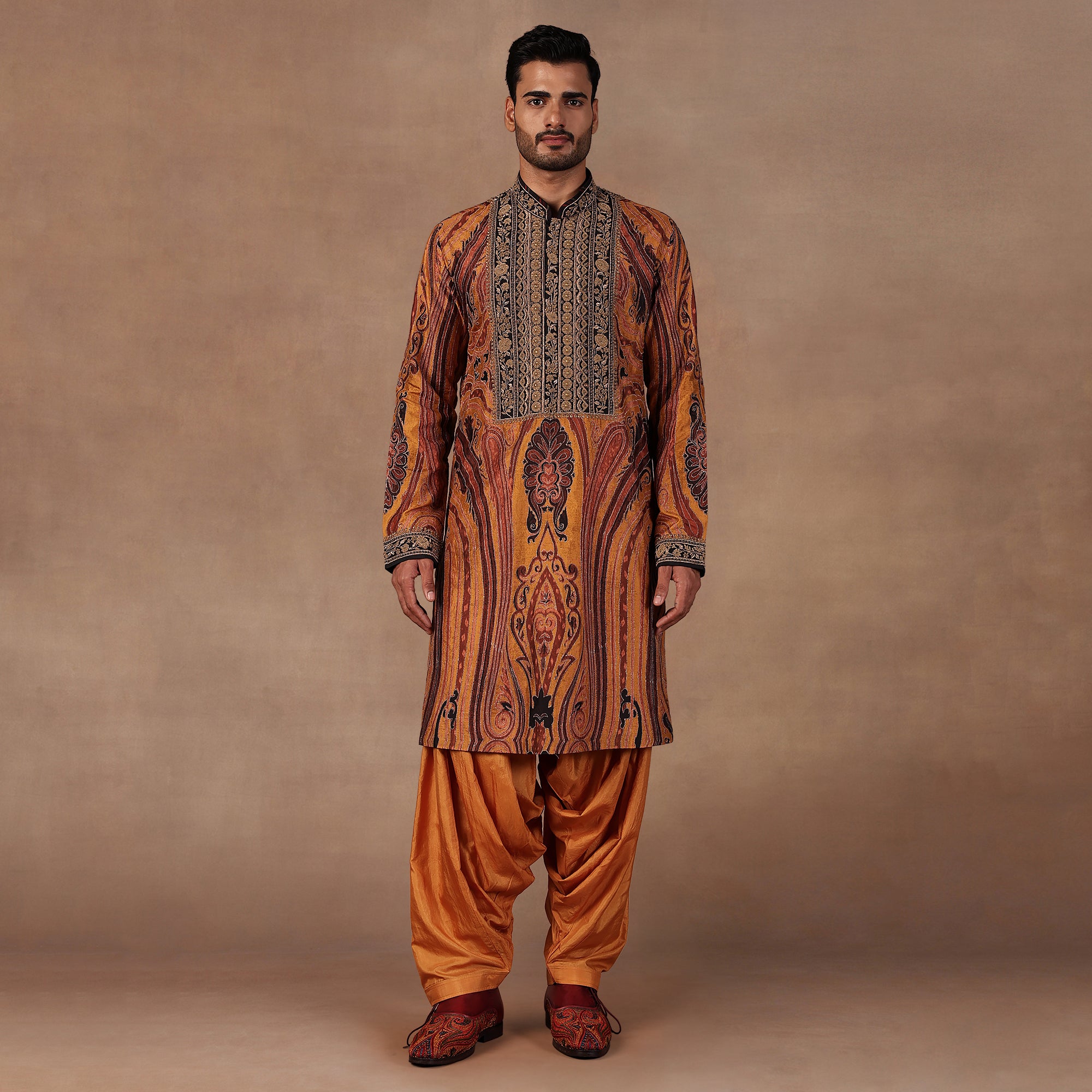 Ochre Mustard Jamawar Kurta Set | EAST