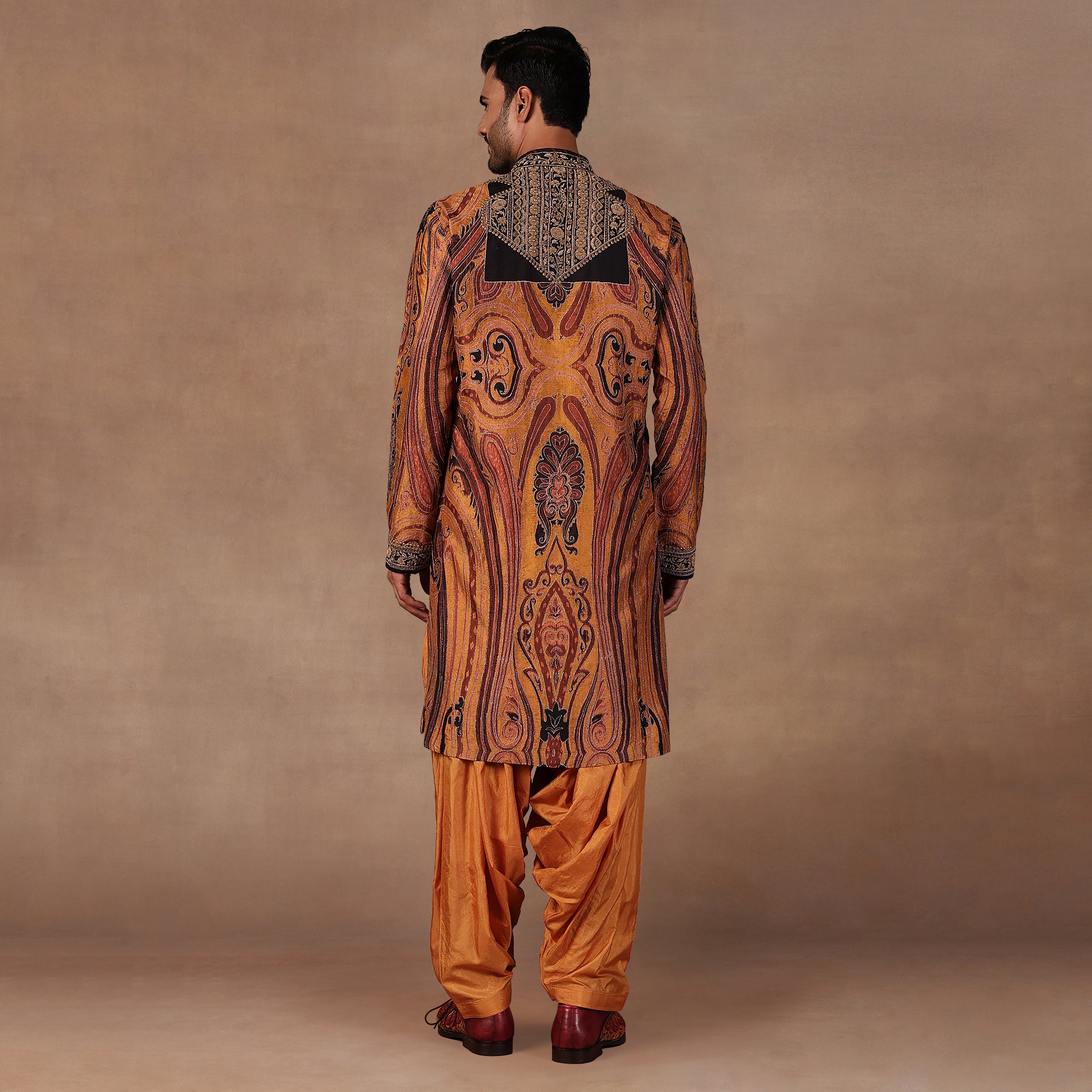 Ochre Mustard Jamawar Kurta Set | EAST