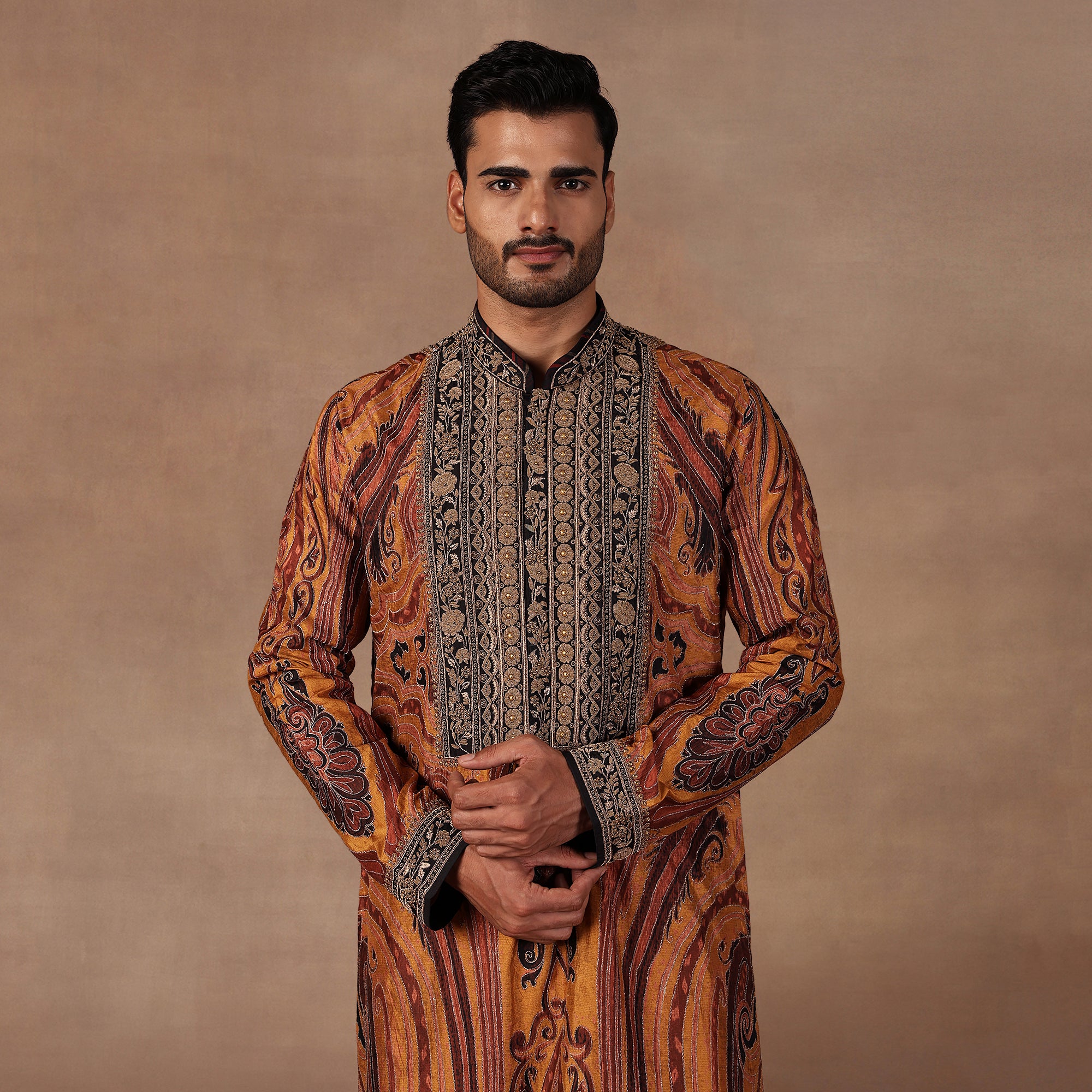 Ochre Mustard Jamawar Kurta Set | EAST