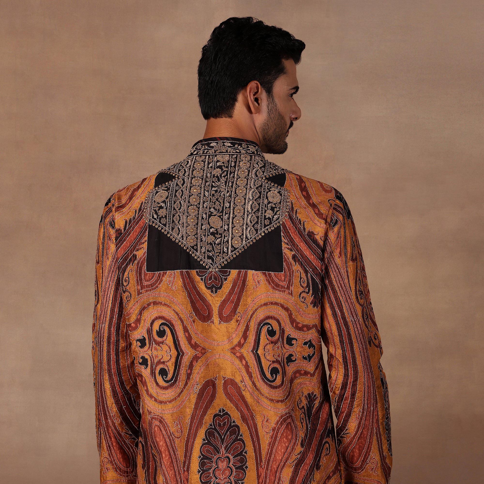 Ochre Mustard Jamawar Kurta Set | EAST