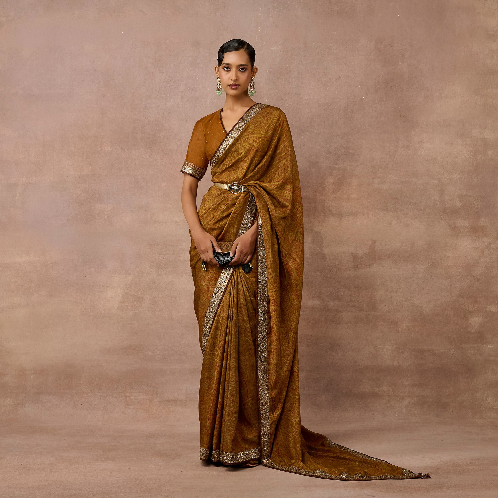 Ochre Mustard Jamawar Saree Set | EAST