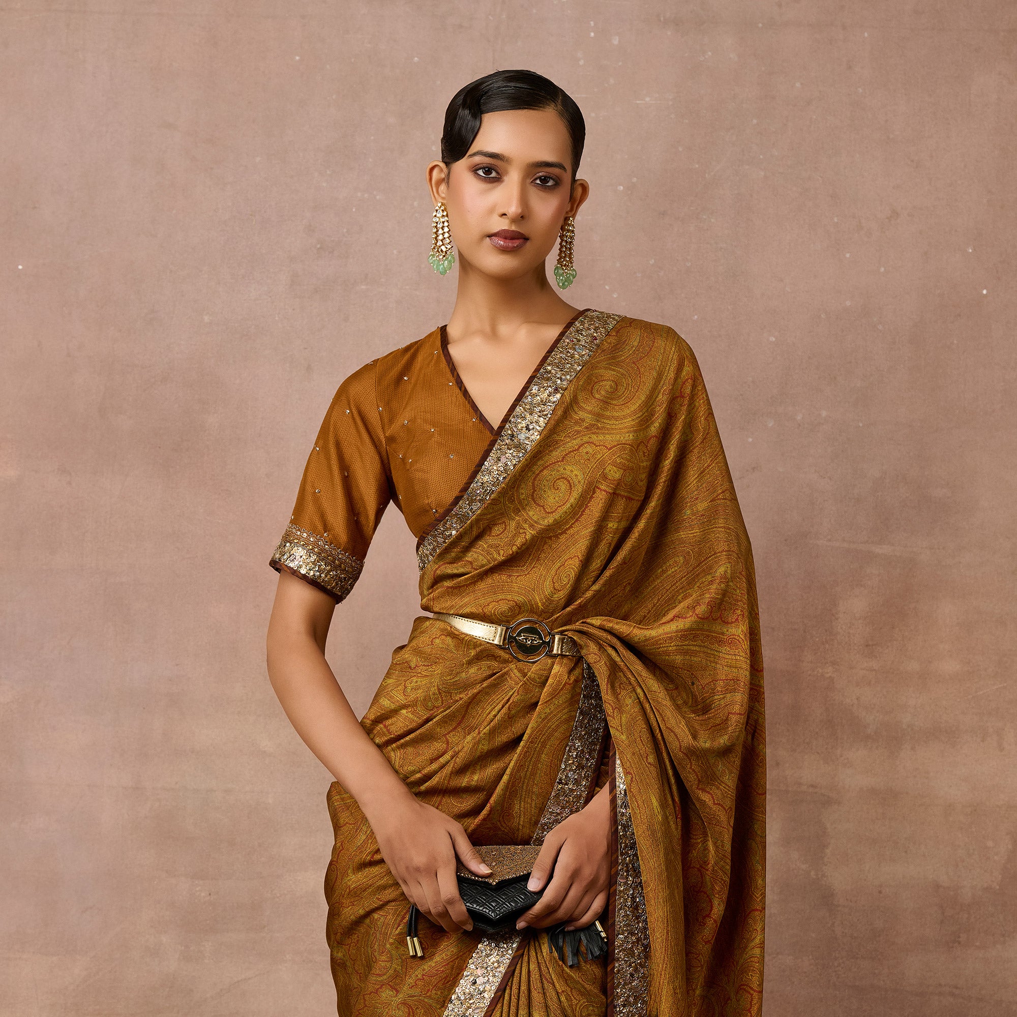 Ochre Mustard Jamawar Saree Set | EAST