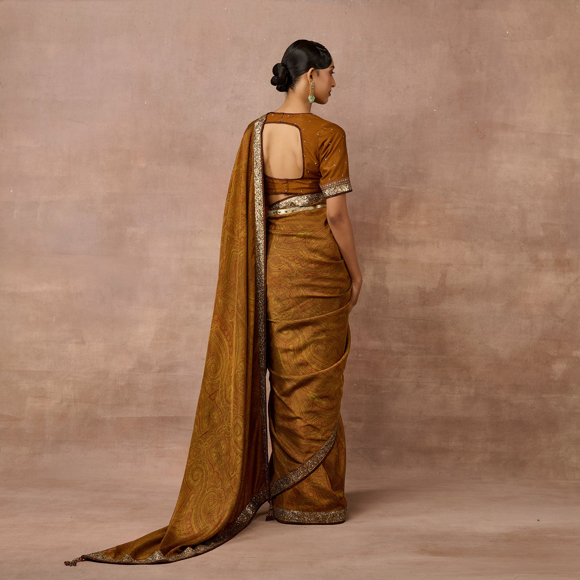 Ochre Mustard Jamawar Saree Set | EAST