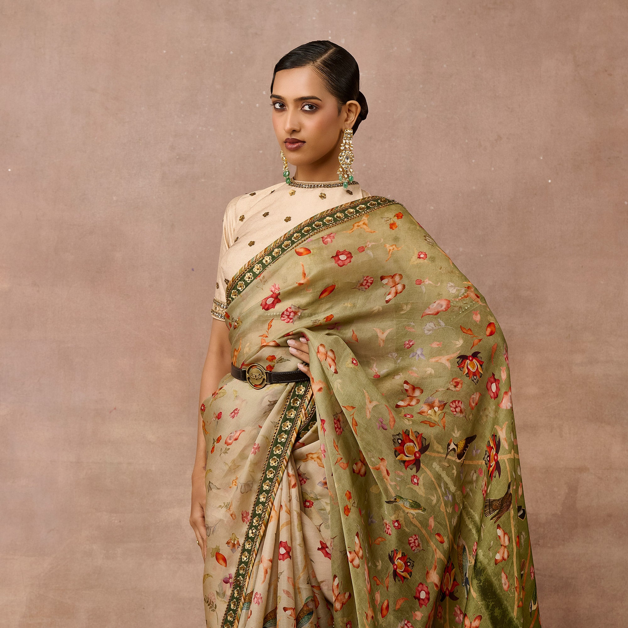 Olive Green Ombre Saree Set | EAST