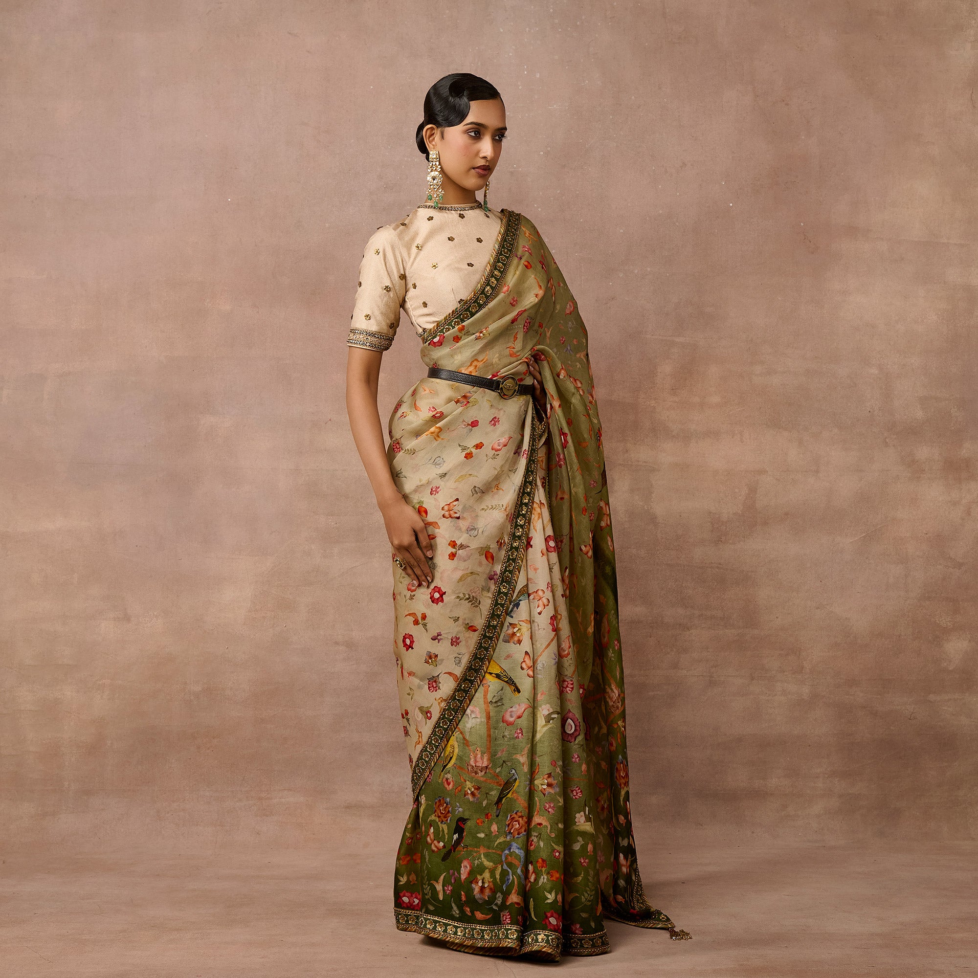 Olive Green Ombre Saree Set | EAST