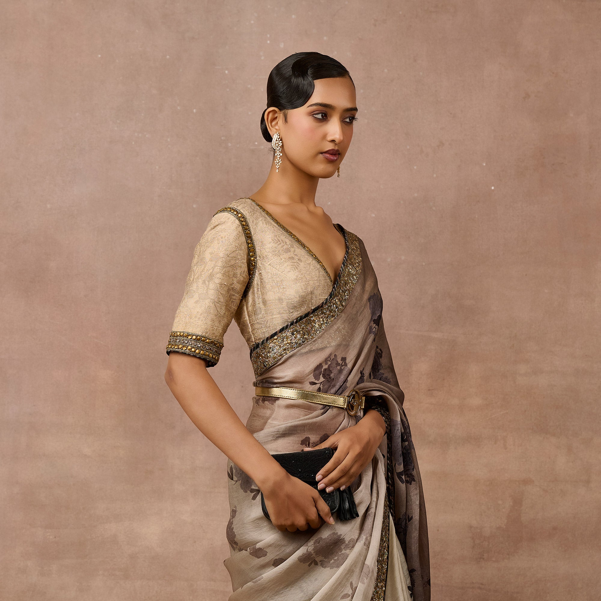 Pale Grey - Black Ombre Saree Set | EAST