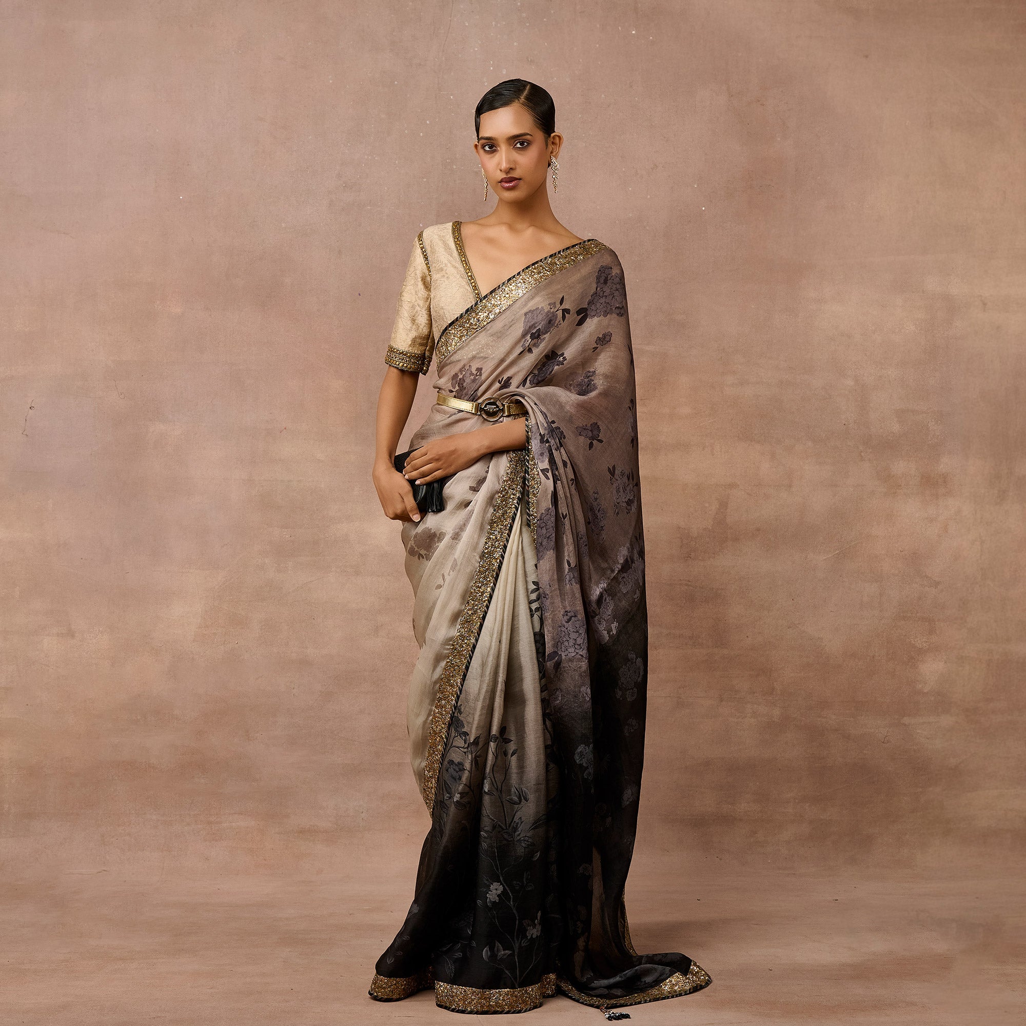 Pale Grey - Black Ombre Saree Set | EAST