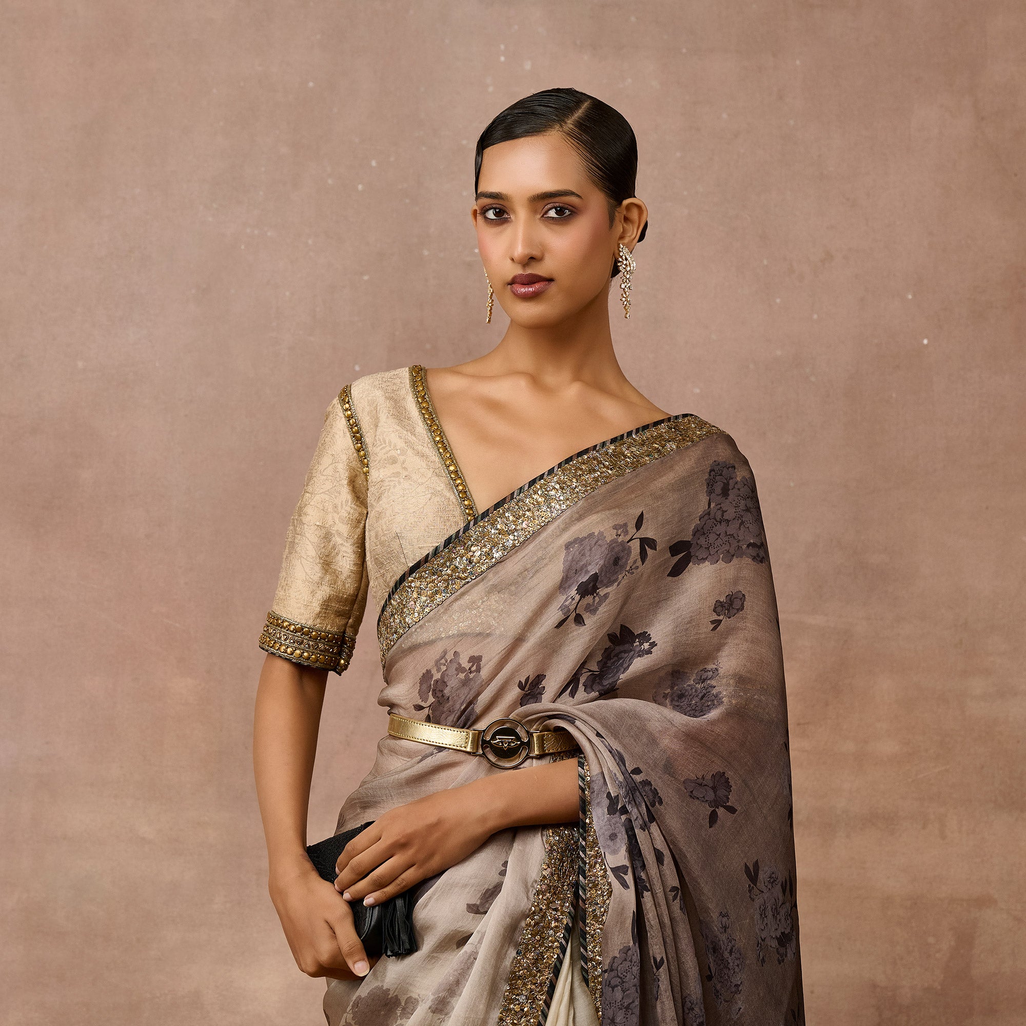 Pale Grey - Black Ombre Saree Set | EAST