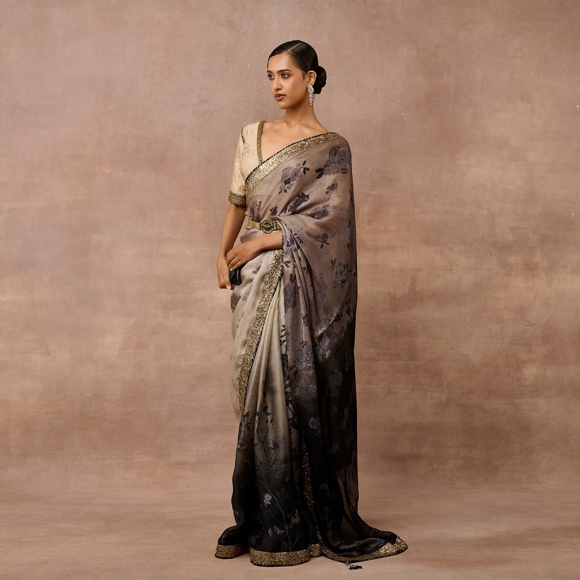 Pale Grey - Black Ombre Saree Set | EAST