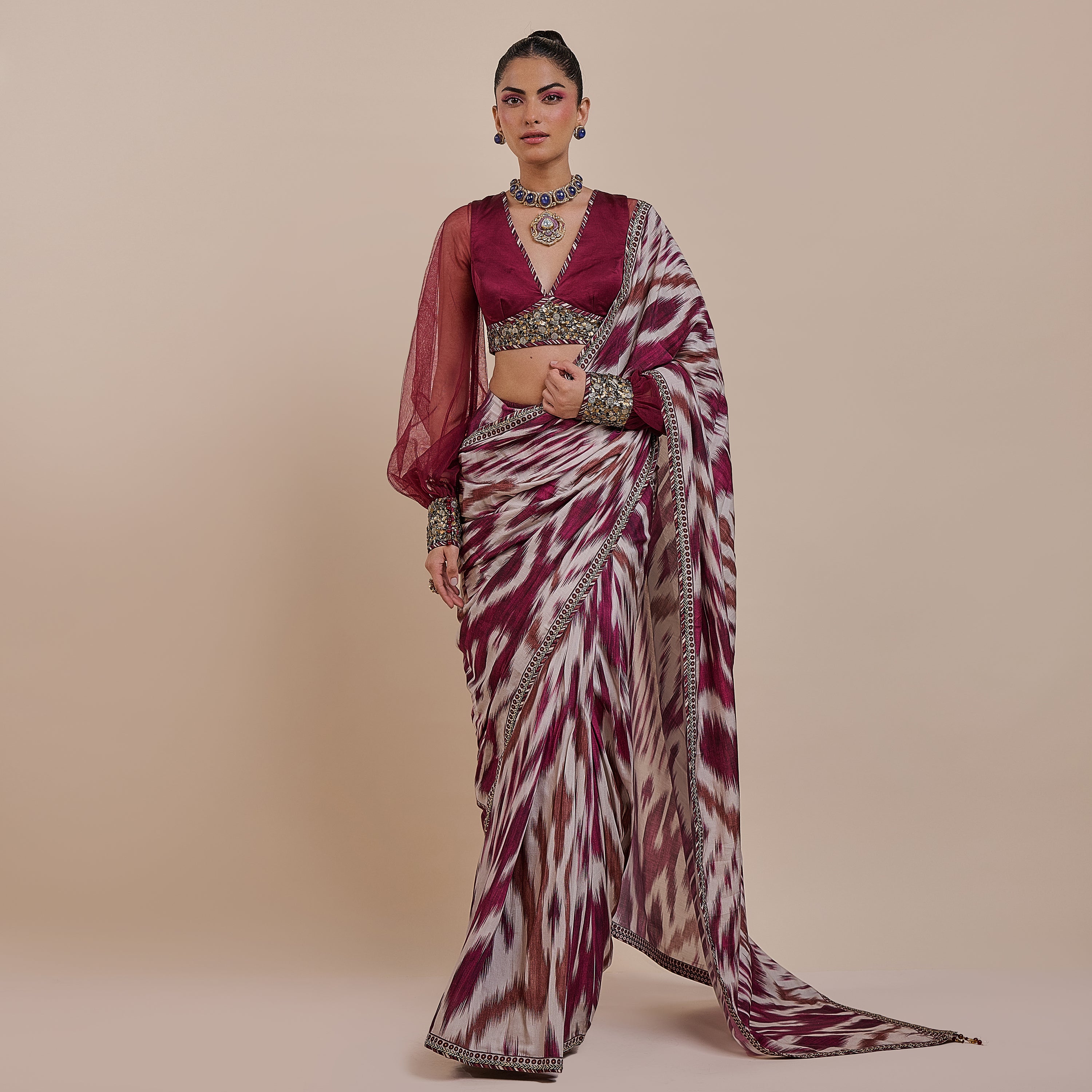 Plum Red Ikat Saree Set | ATTH