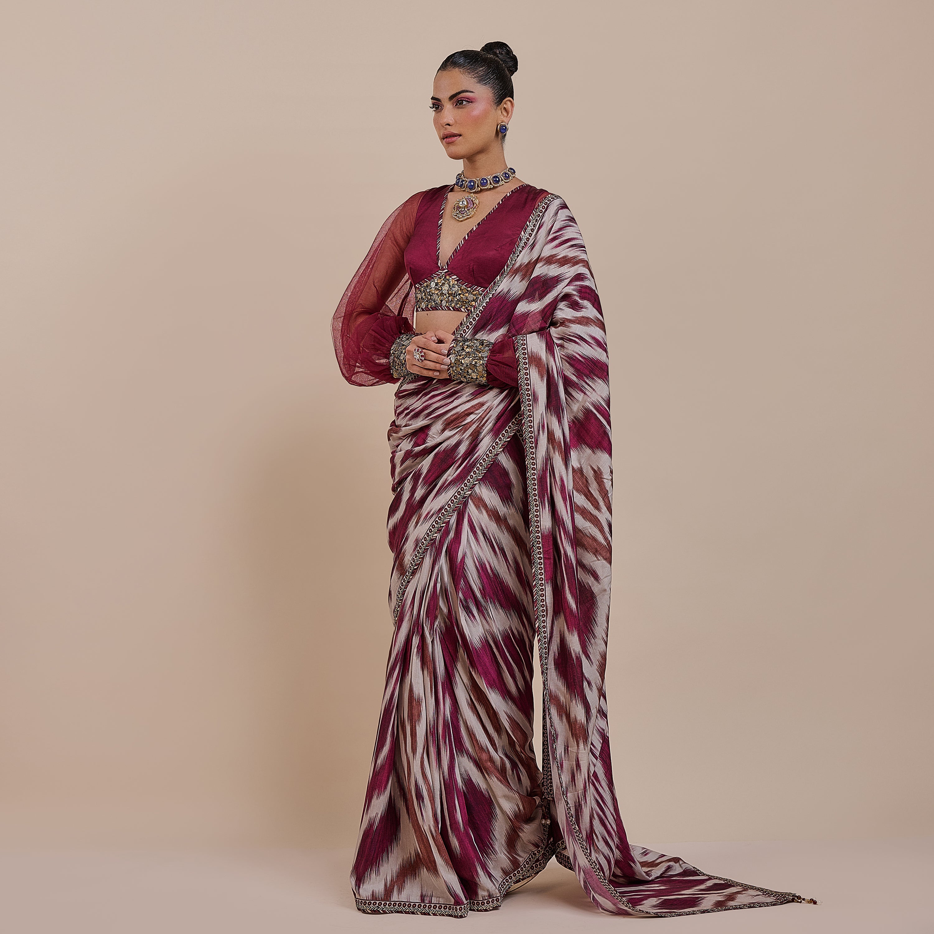 Plum Red Ikat Saree Set | ATTH