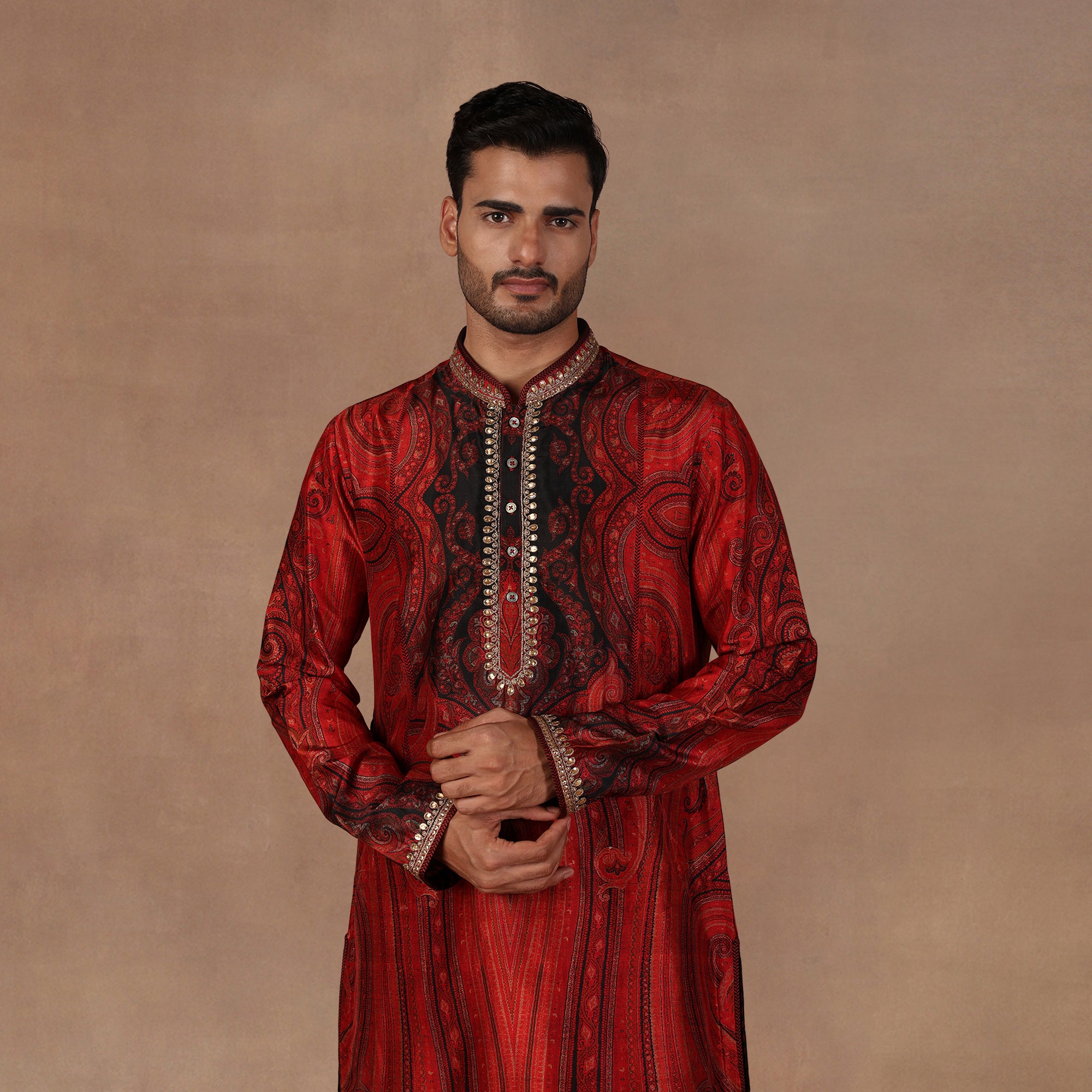 Red Jamawar Kurta Set | EAST