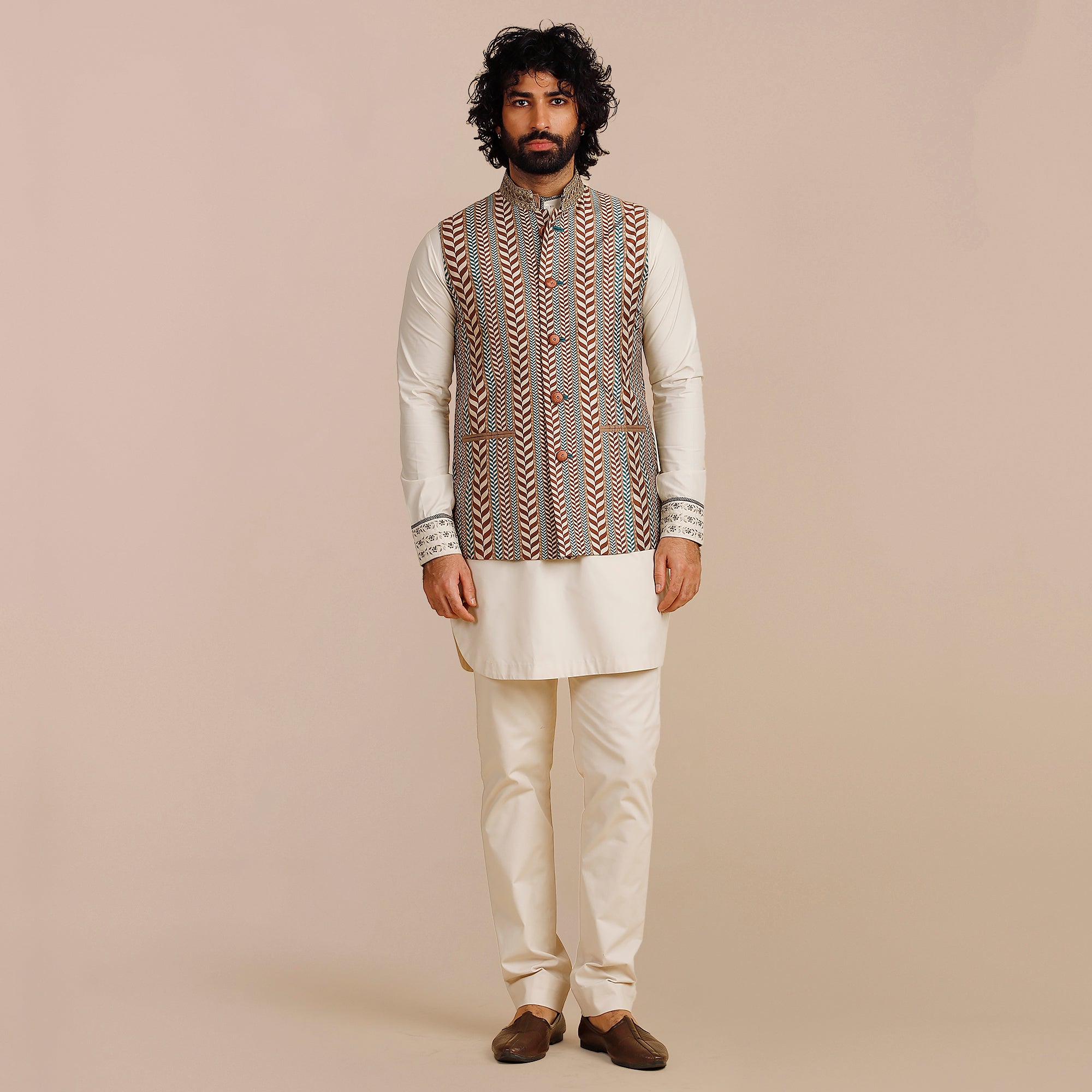 Rust Orange - Ivory Chevron Nehru Jacket | SATT