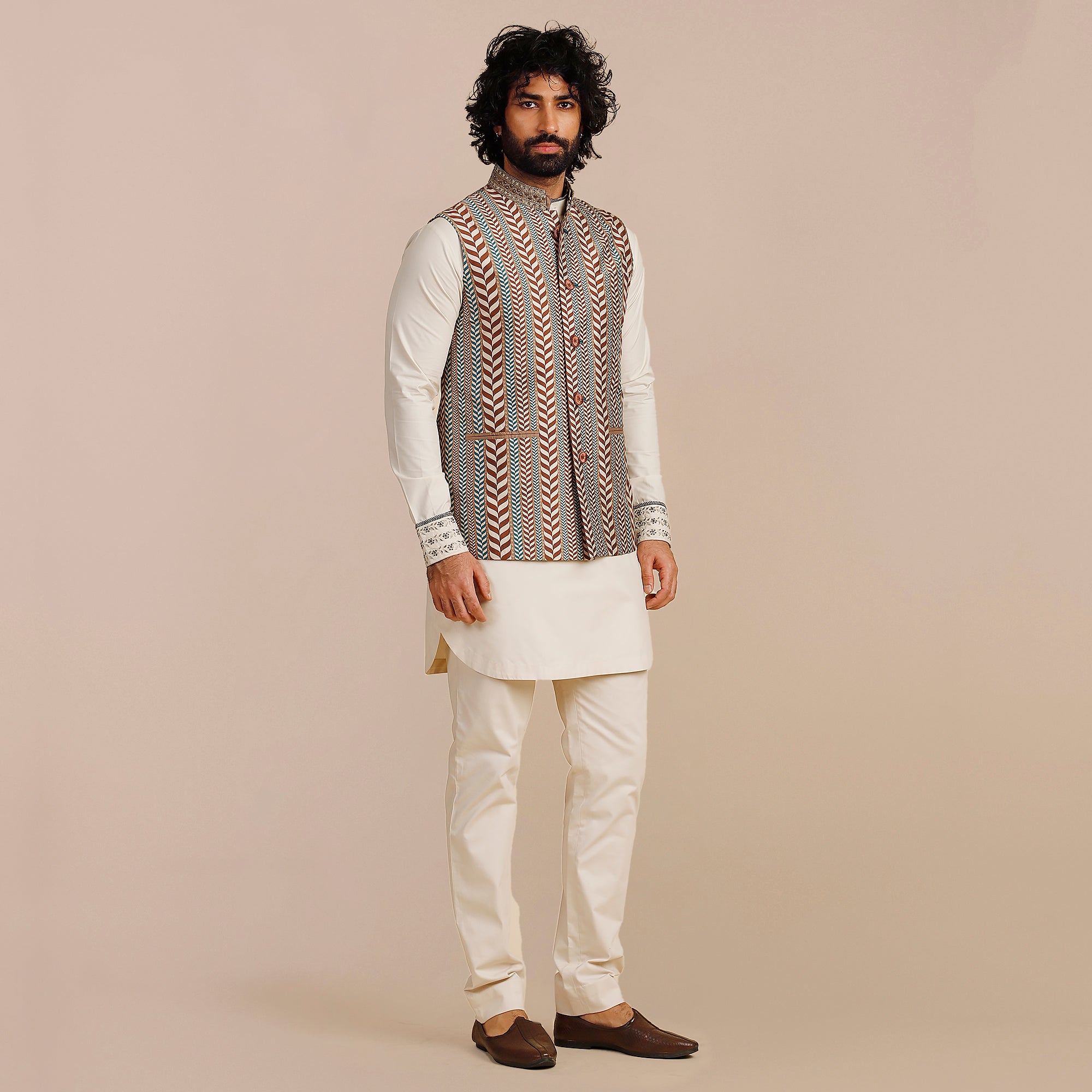 Rust Orange - Ivory Chevron Nehru Jacket | SATT