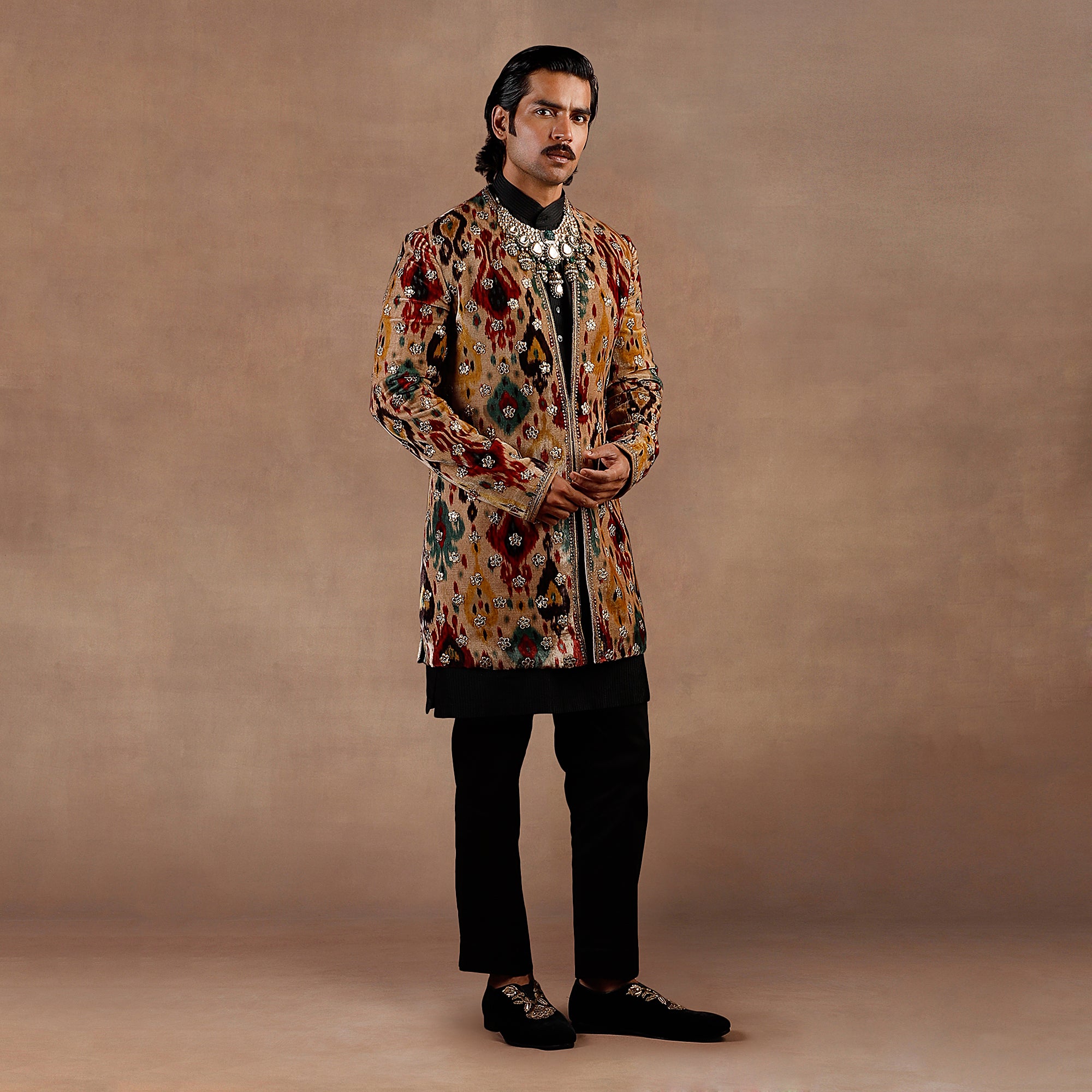 Taupe - Multihued Ikat Sherwani Set | EAST