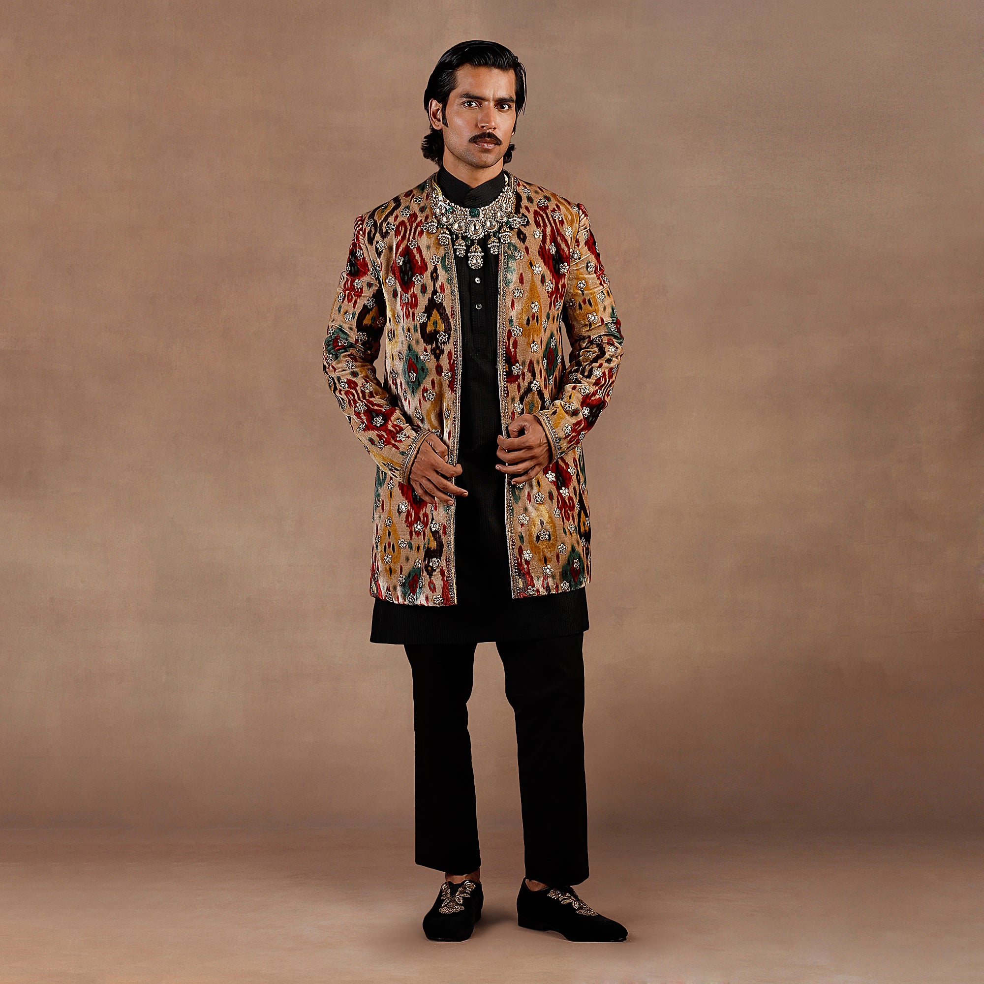 Taupe - Multihued Ikat Sherwani Set | EAST