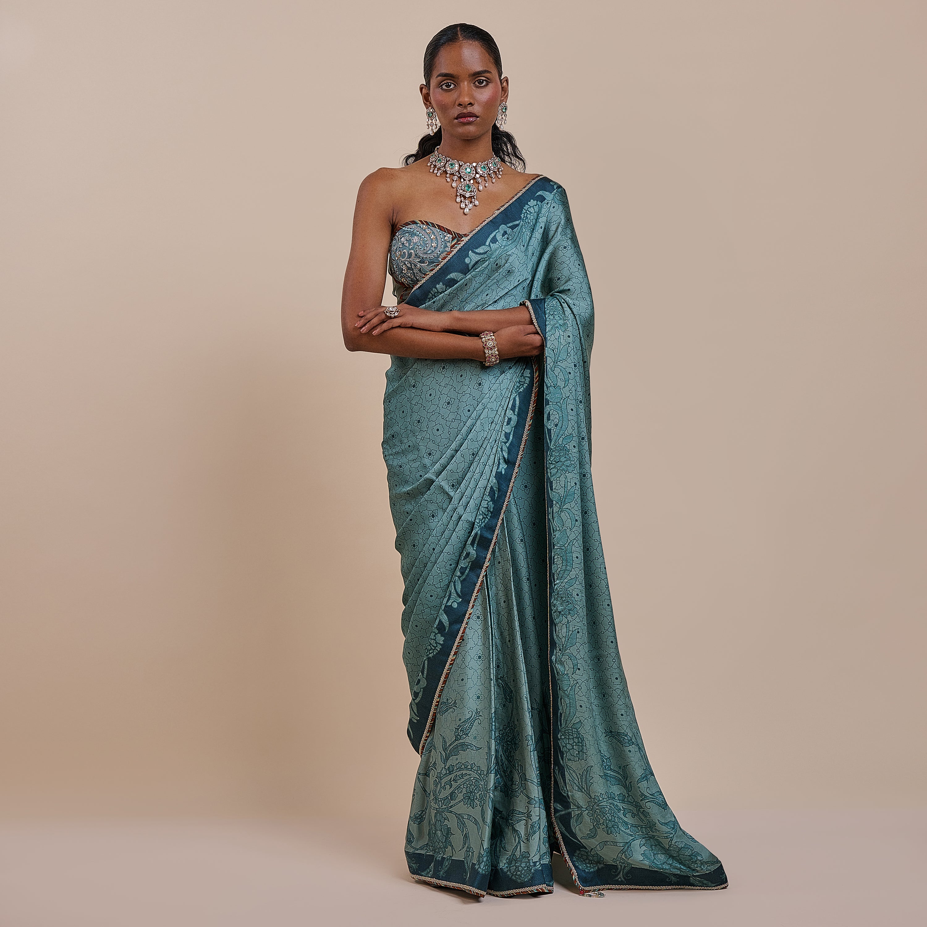 Teal Blue Corset Saree Set | ATTH