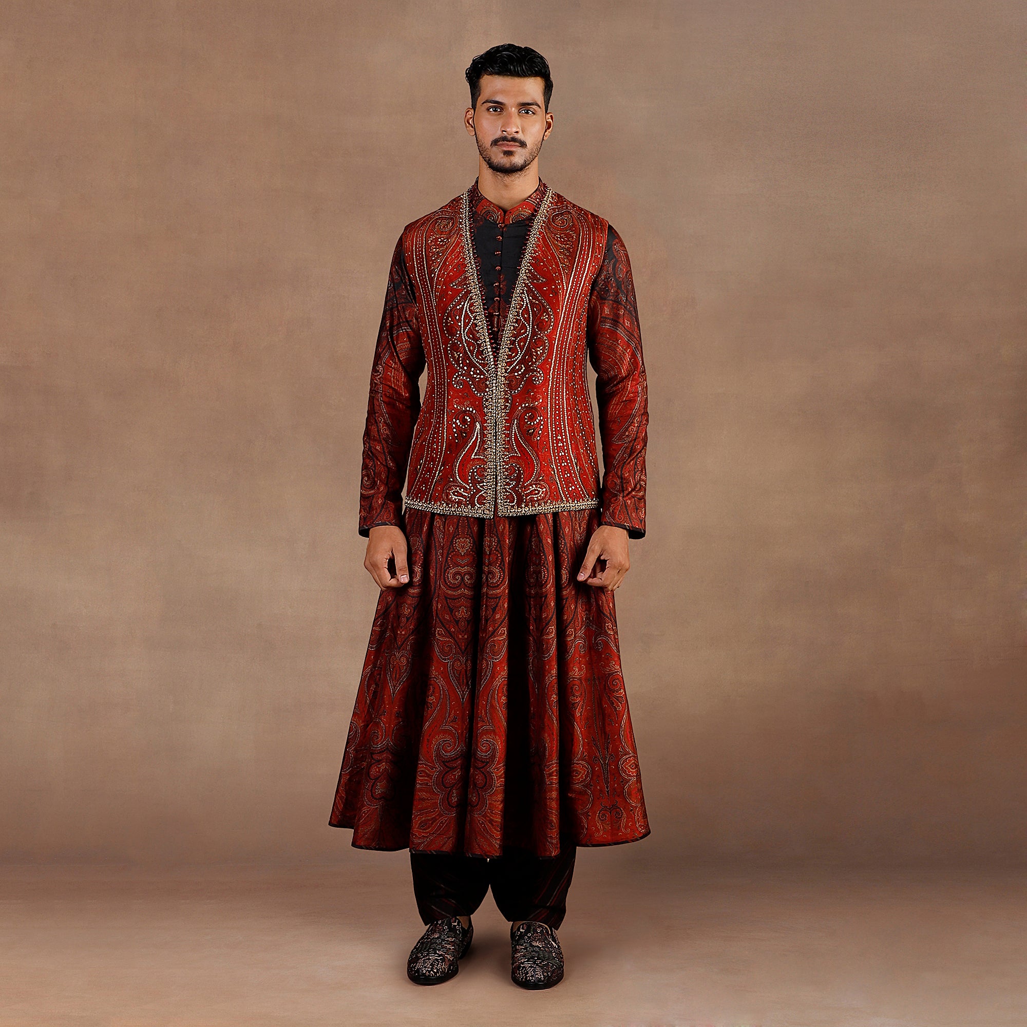 Vintage Red Jamawar Nehru Jacket Set | EAST