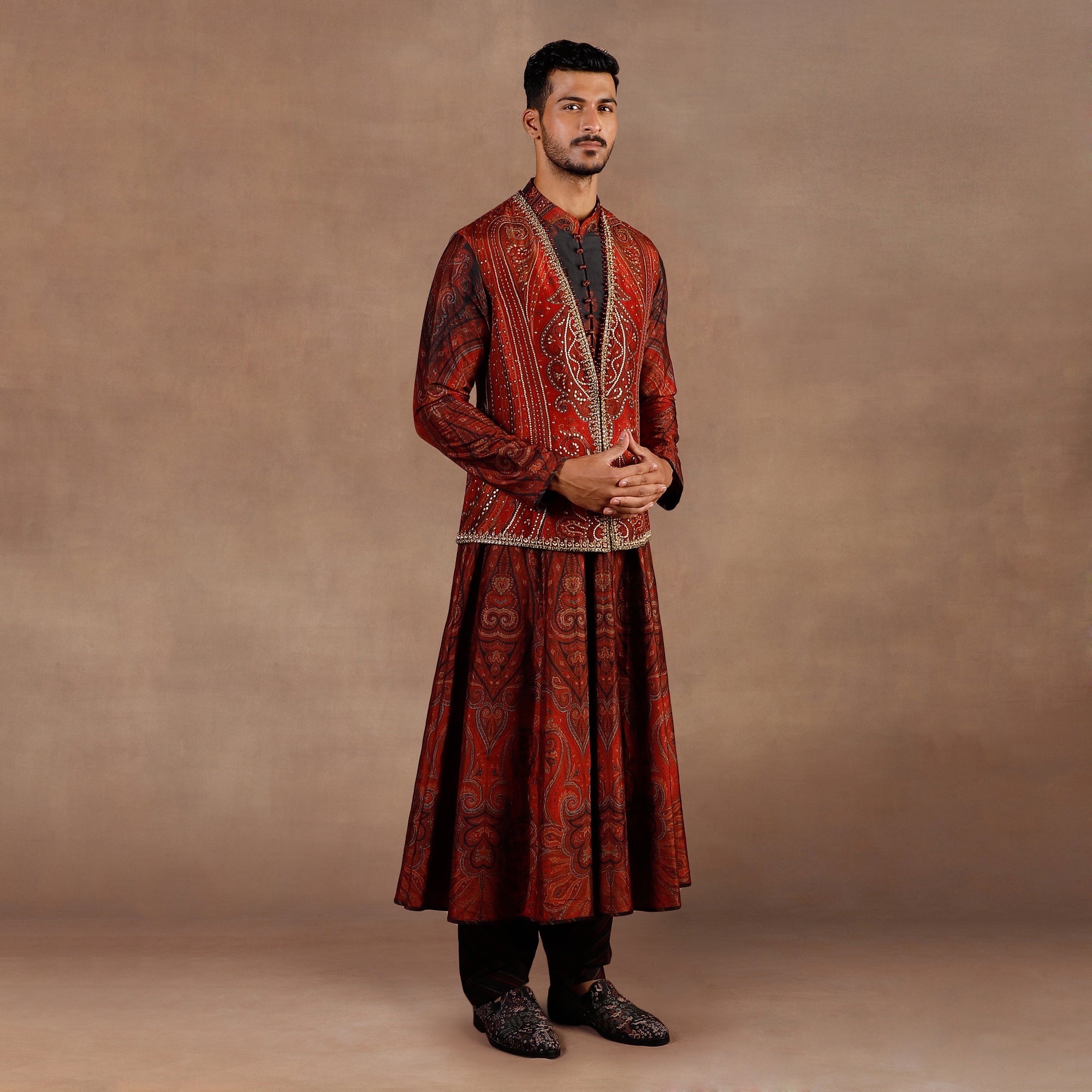 Vintage Red Jamawar Nehru Jacket Set | EAST