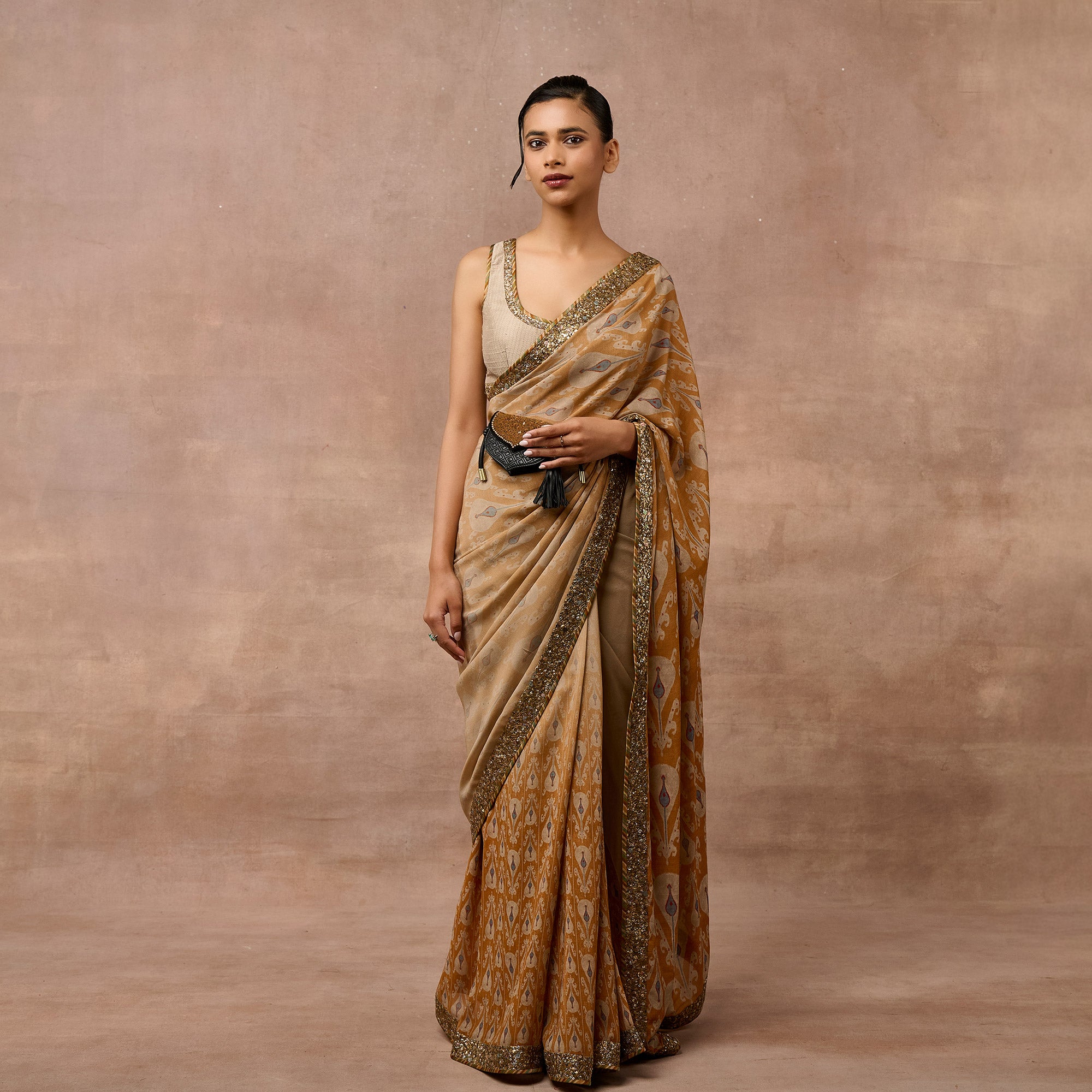 Warm Beige-  Amber Ombre Saree Set | EAST